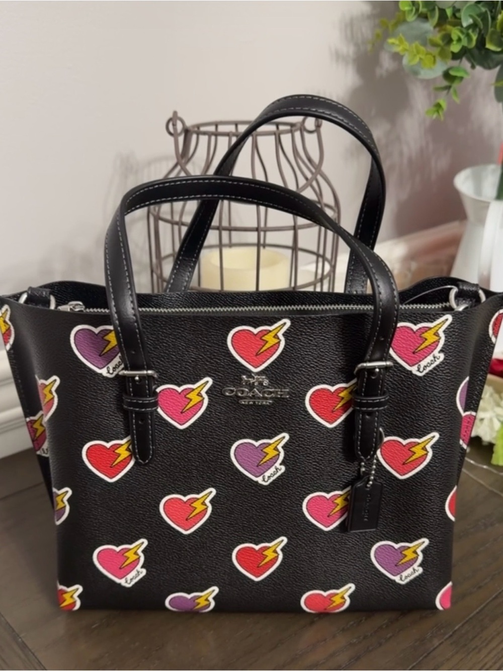 Coach Black Leather Tote with Multicolor Heart & Lightning Prints